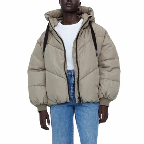 Zara Jackets & Blazers - Zara Puffer Short Cropped Nude Taupe Puffer Hooded Winter Jacket Coat